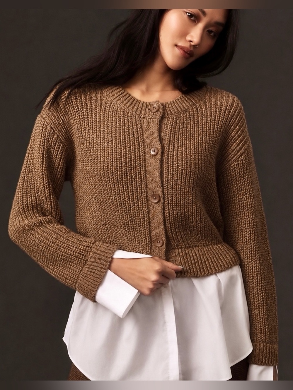 NWOT By Anthropologie Cropped Twofer Cardigan Sweater in Tan Brown / White